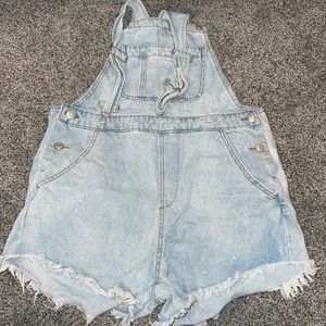 light wash short overalls